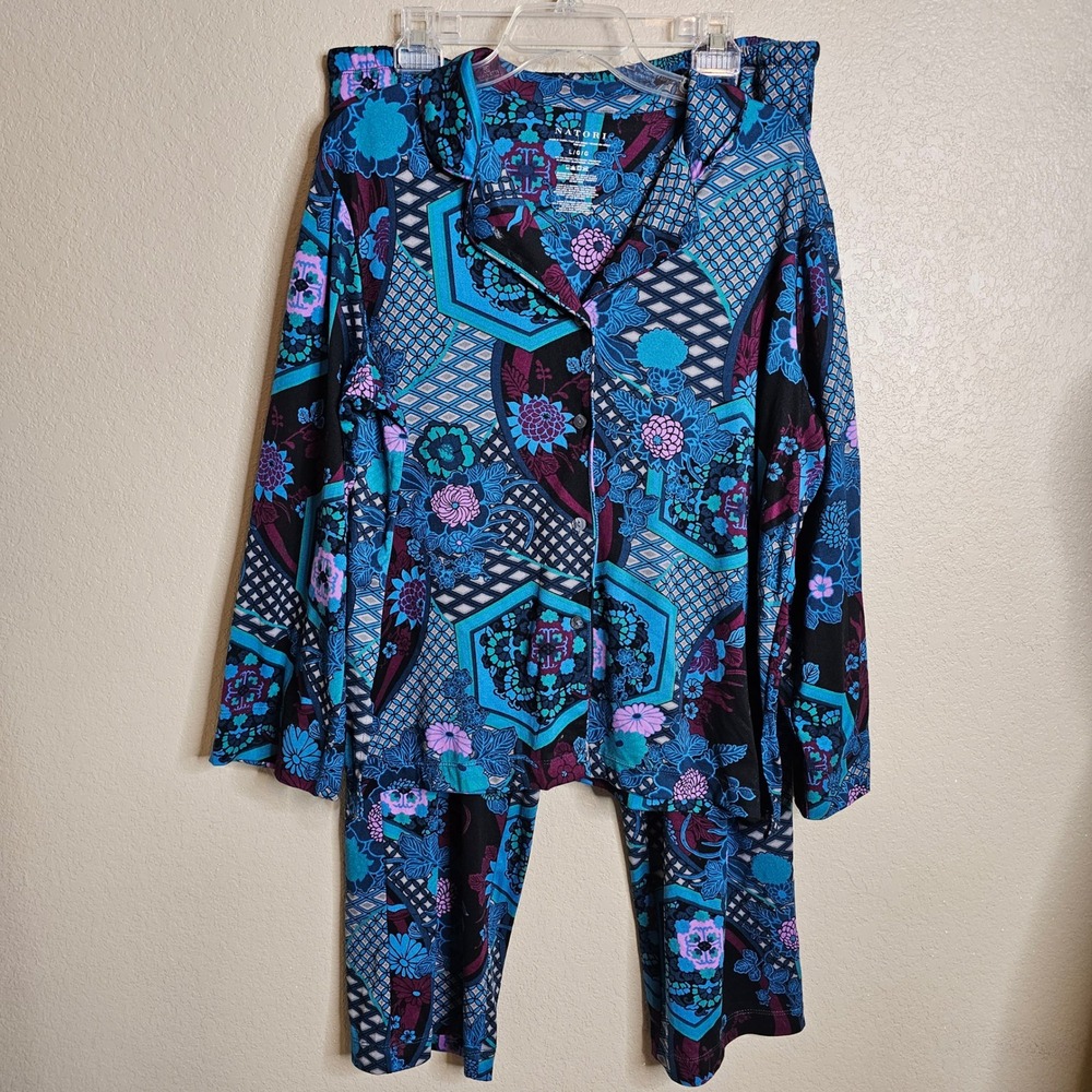 Natori Blue Floral Geometric Pajama Set Long Sleeve Button Top Pants Large